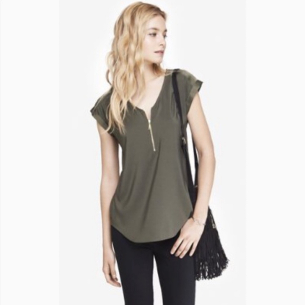 Express Silky Tunic, Gold Zip Front, Size Medium